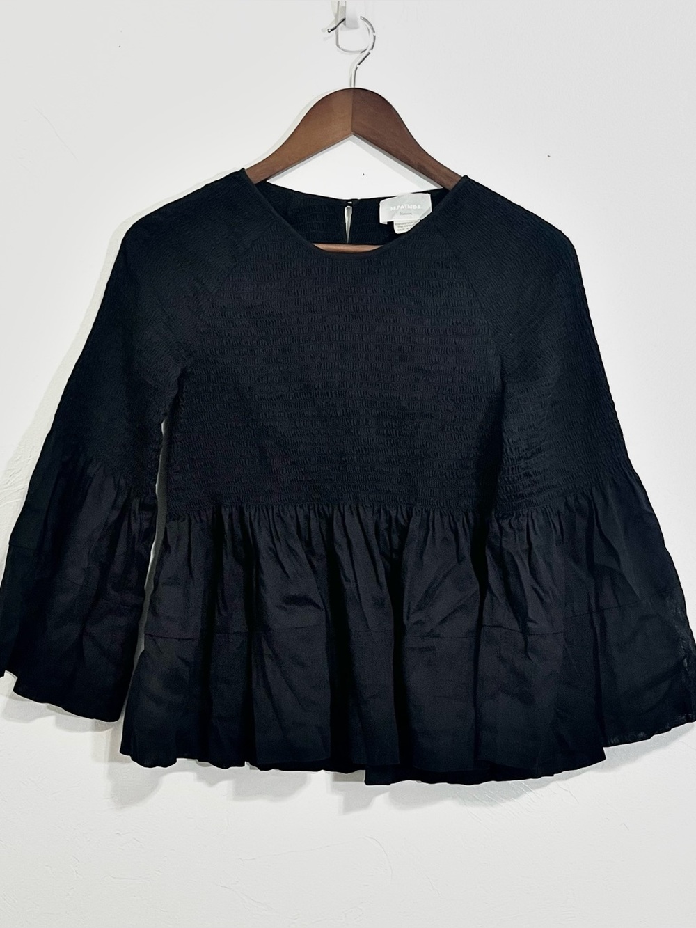 M.Patmos Black Cotton Linen Smocked Peplum Bell Sleeve Blouse Size M